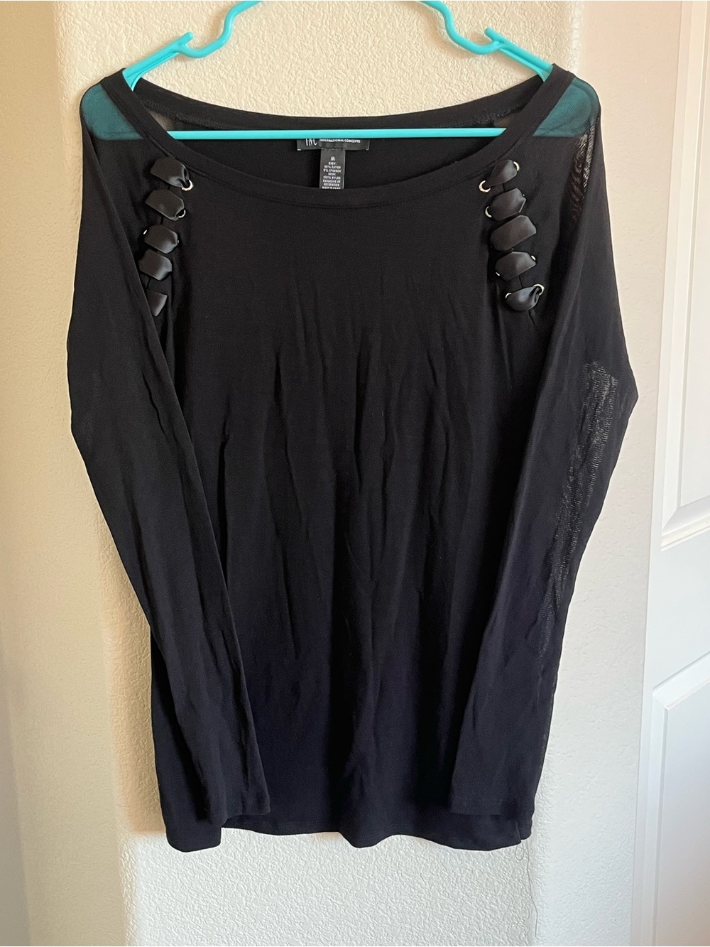 INC International Concepts Black Long Sleeve Top with Decorative Ribbon Detail